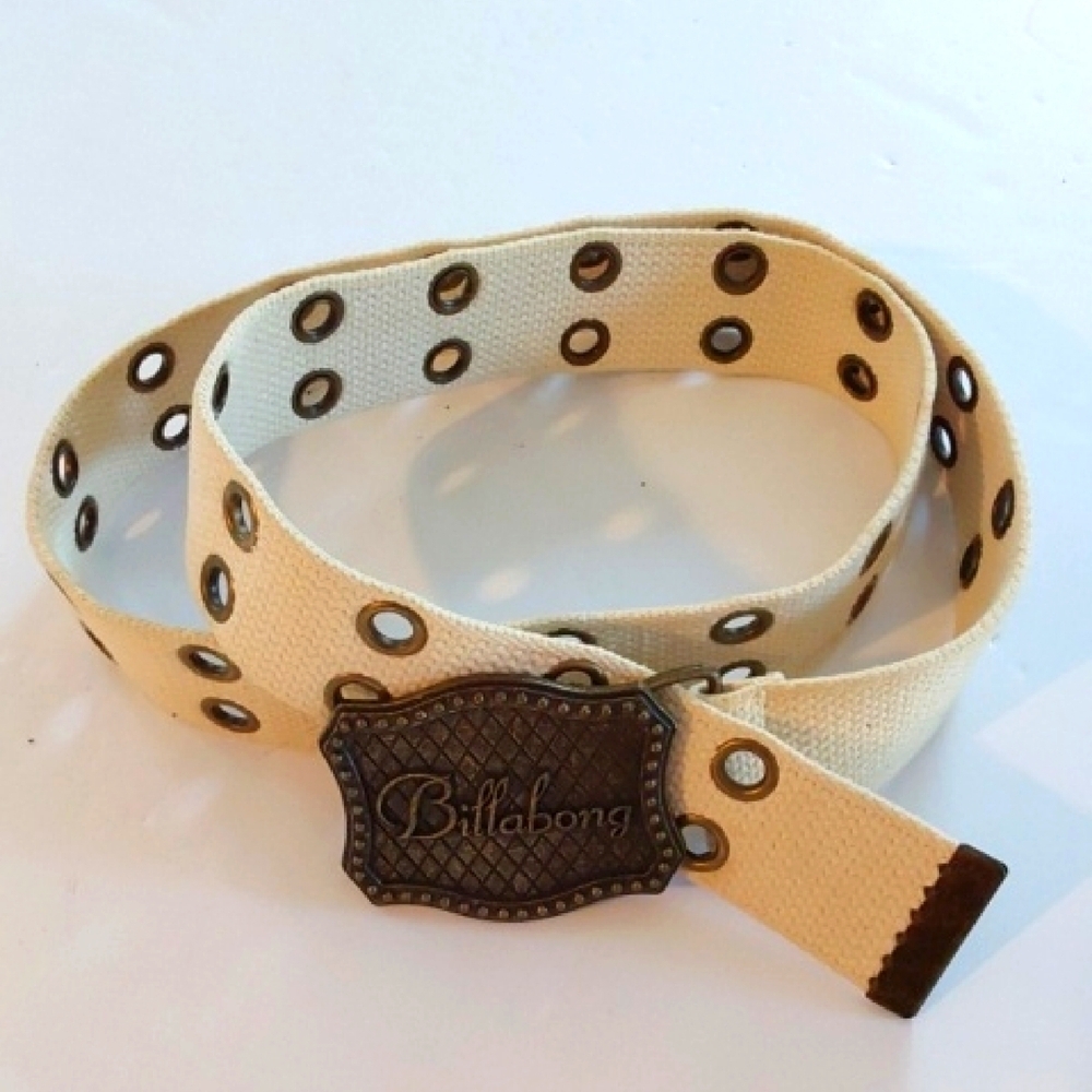 Vintage Billabong Cream Canvas Double Grommet Belt Bronze Billabong Buckle L/XL